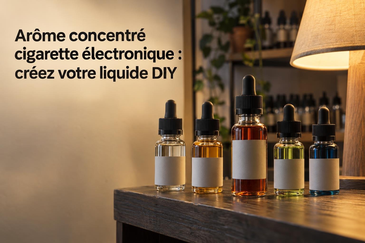 Arôme concentré cigarette électronique : bouteilles compte-gouttes multicolores sur une étagère, prêt à créer votre liquide DIY.
