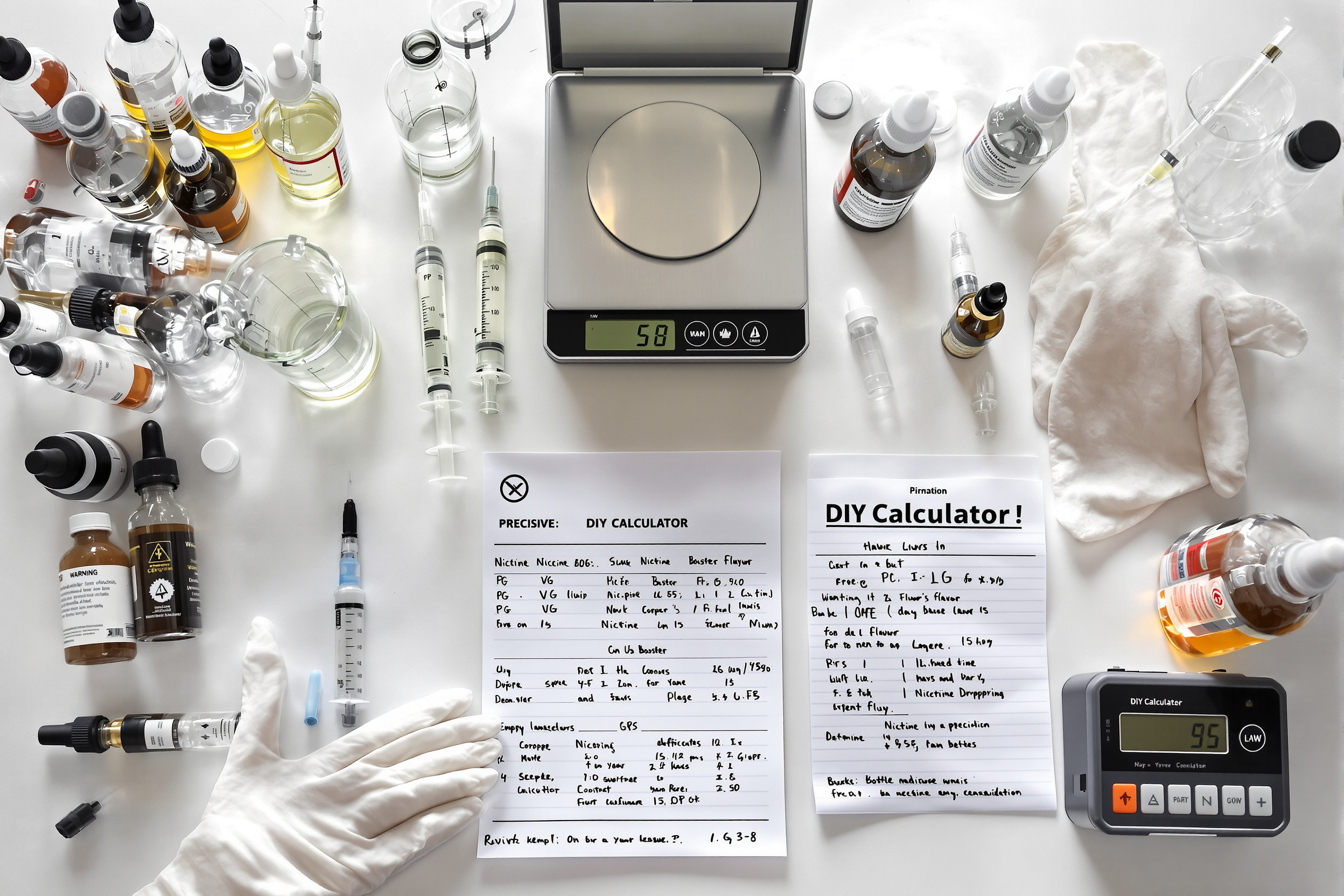 Atelier de mélange DIY pour e-liquide avec outils et ingrédients