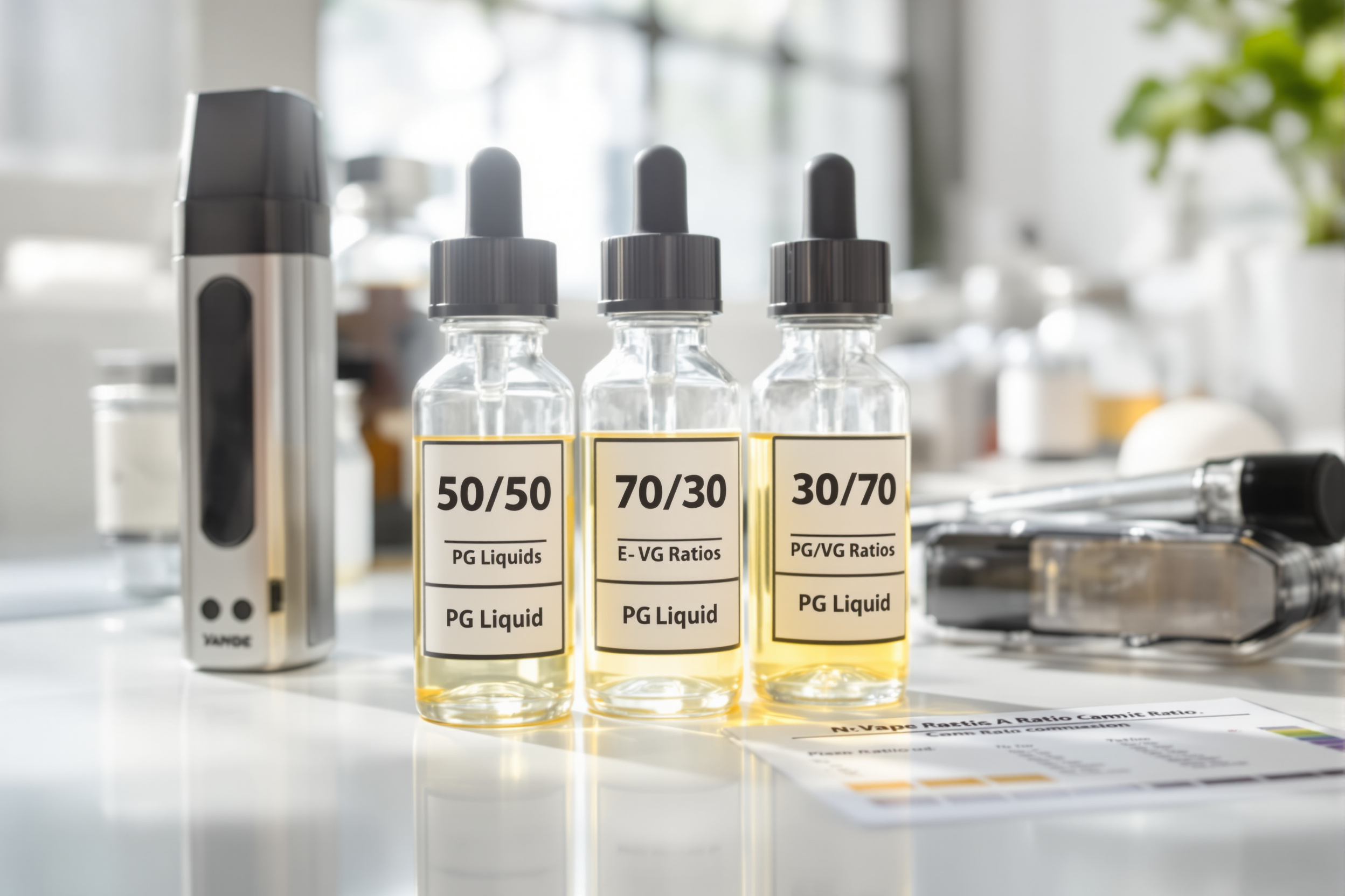 Boutilles d'e-liquide avec différents ratios PG/VG