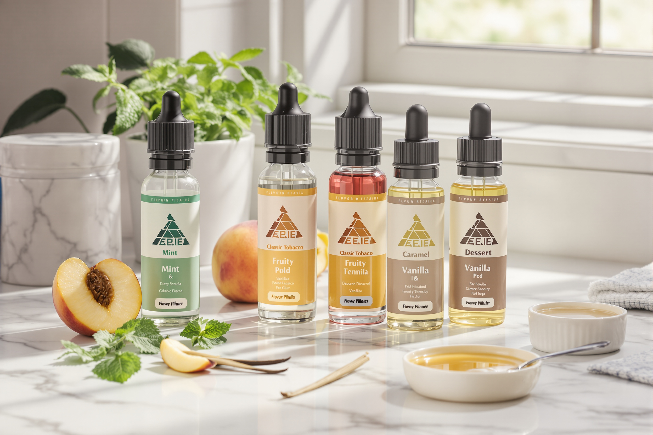 Variété de saveurs e-liquides sur comptoir
