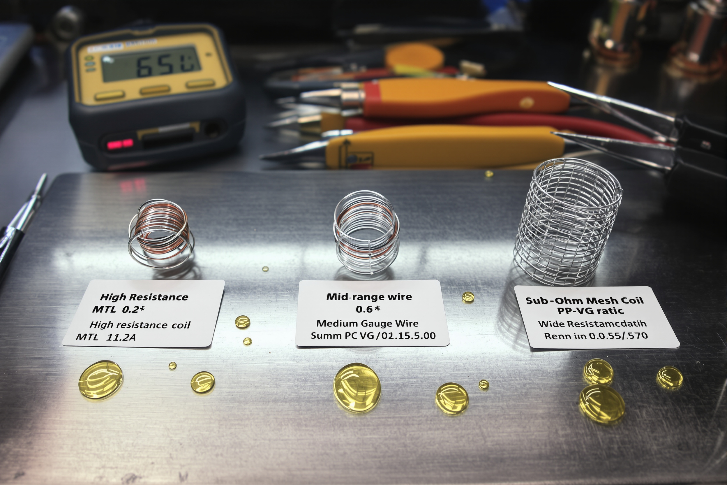 Different vaping coils with recommended PG/VG ratios