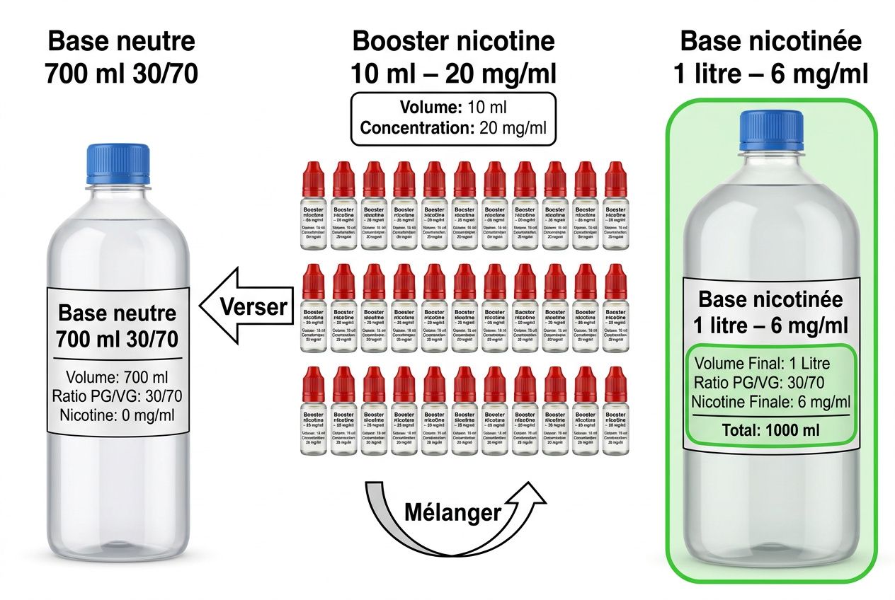 Base nicotinée 1 litre – 6 mg/ml illustrée, affichant le flacon final étiqueté 6 mg/ml et le mélange final PG/VG 30/70 pour DIY.